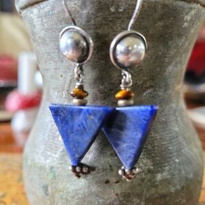 Vintage Handmade Deep Blue Lapis Tigers Eye and Silver Dangle Earrings